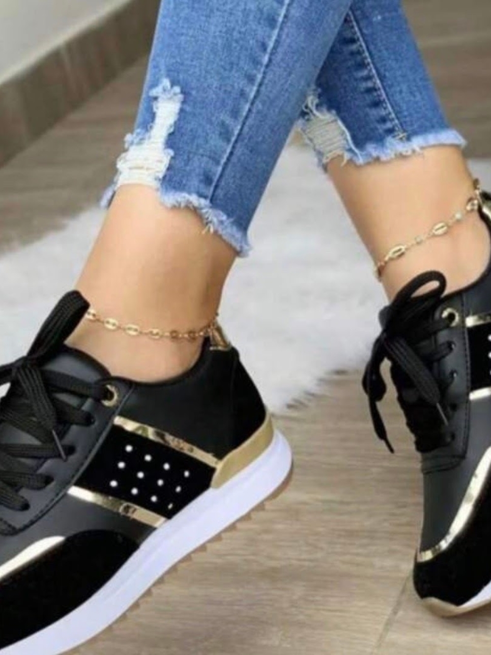 Women's Black Sneakers with Gold Accents - Modern Casual Trainers